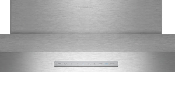 Sleek stainless steel island hood with minimalist control panel, part of Thermador appliances at Hartville Hardware for kitchen and home improvement.