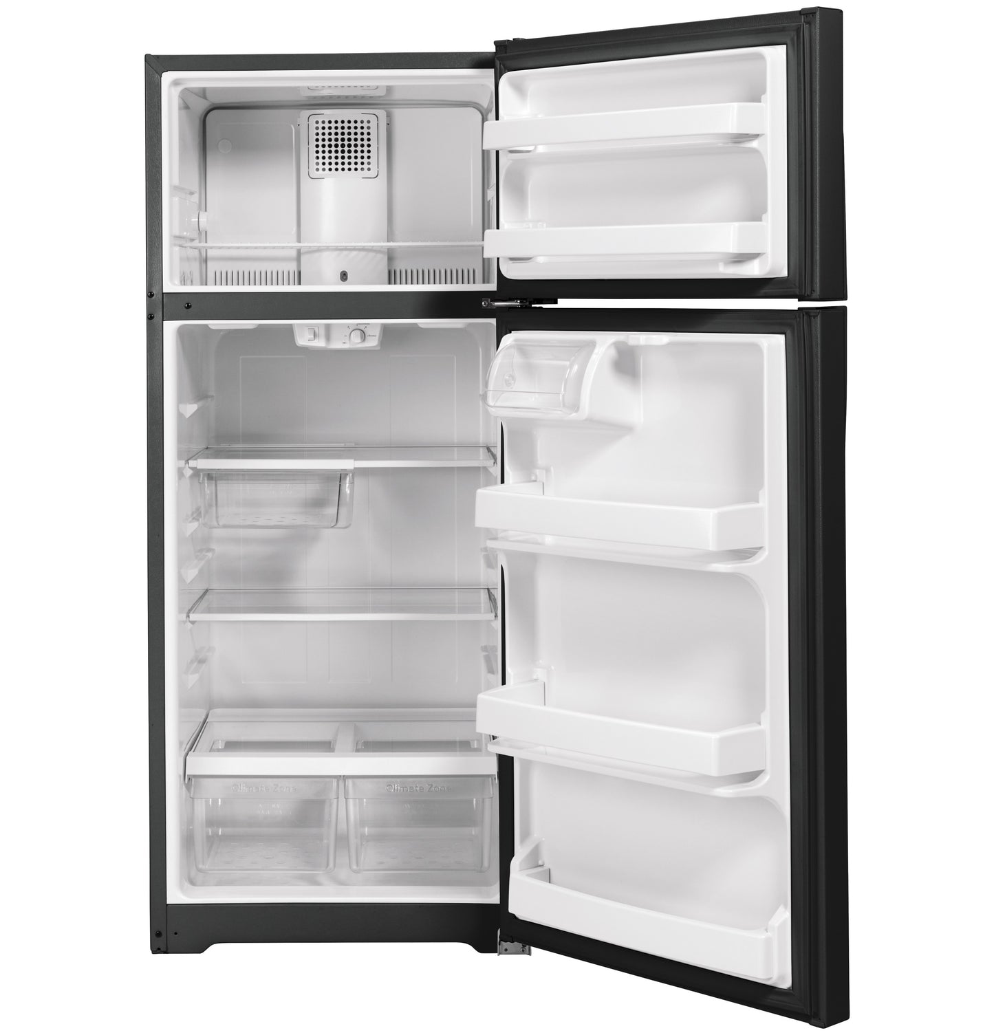 Open black top-freezer refrigerator showing empty interior with glass shelves and door storage compartments