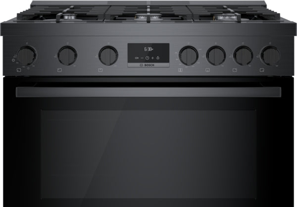 Black stainless steel 36-inch gas range with six metal control knobs and digital display from Bosch kitchen appliances collection