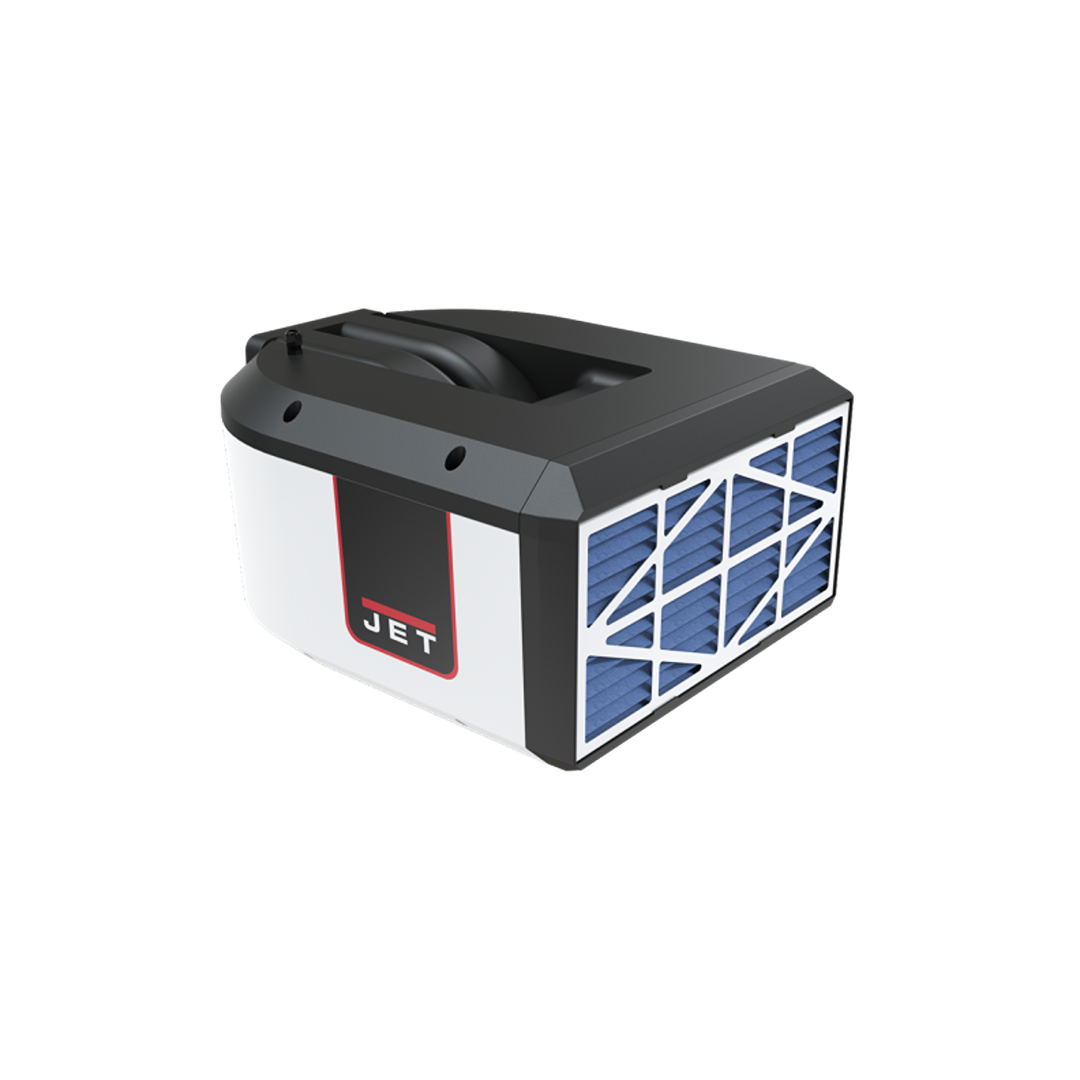Compact JET air filtration unit with black top and visible blue filter panel for tools and home improvement use