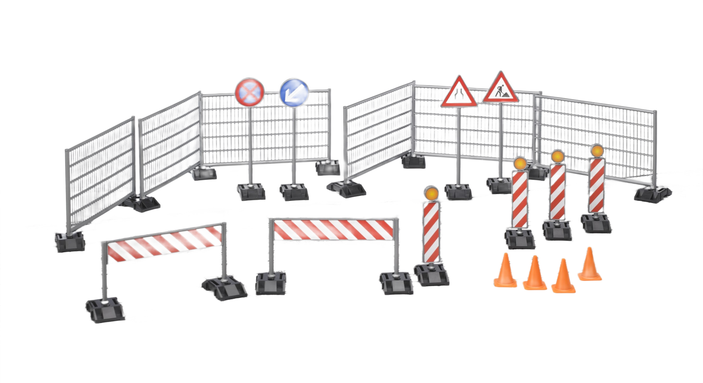 Plastic railings with road signs, striped barricades, and orange traffic pylons for construction play and home improvement projects