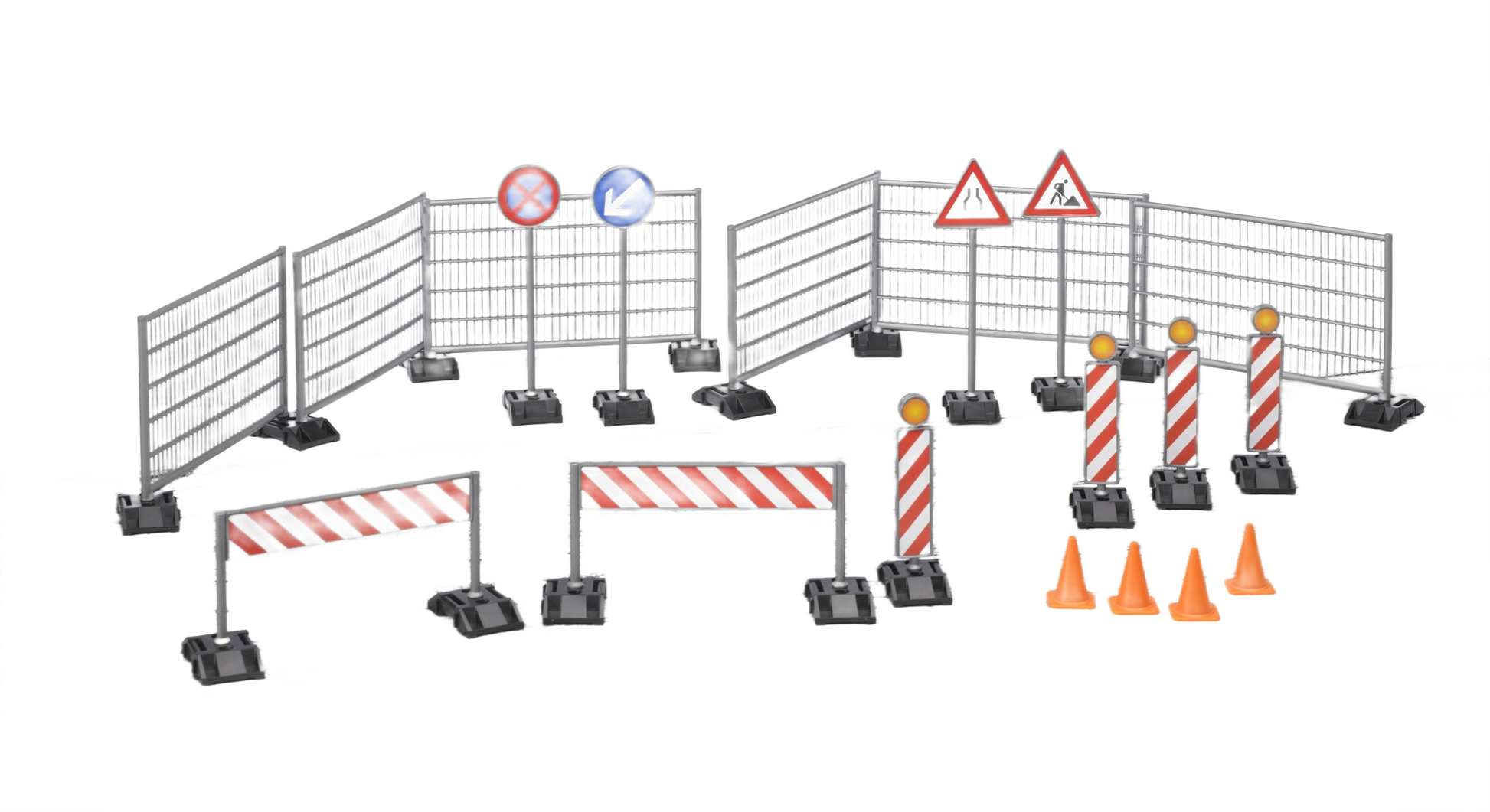 Plastic railings with road signs, striped barricades, and orange traffic pylons for construction play and home improvement projects