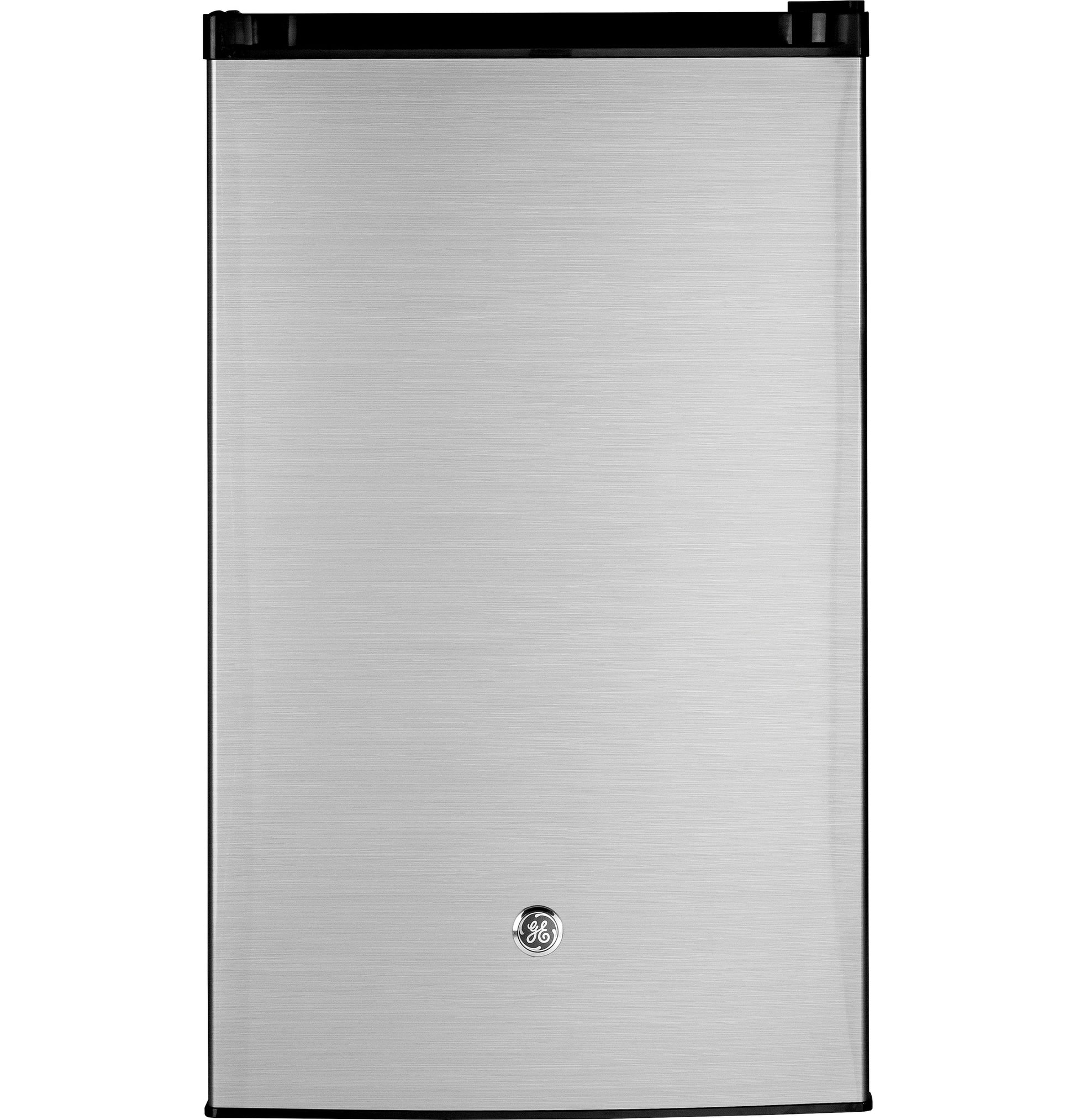 Compact stainless steel refrigerator with GE emblem ideal for mini refrigerator and kitchen appliances collections