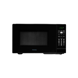 Black countertop microwave with digital keypad and green LED display for kitchen and home appliance use