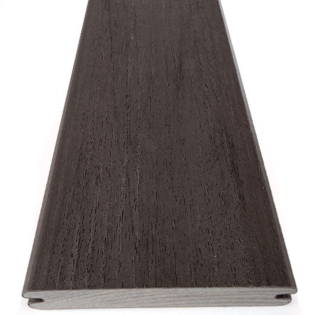 Espresso-colored composite riser board with wood grain texture for home improvement and building projects