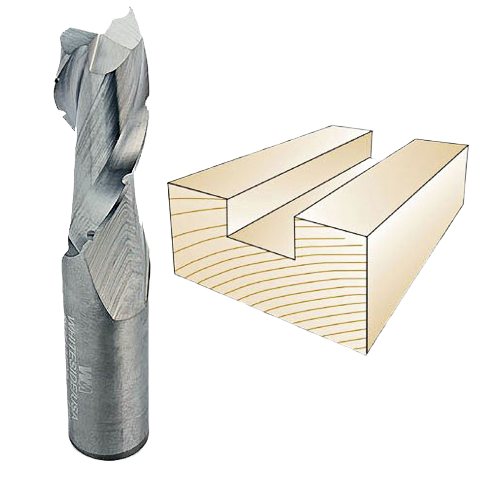 Spiral downcut router bit with chip breaker for clean grooves in woodworking projects and tool accessories.