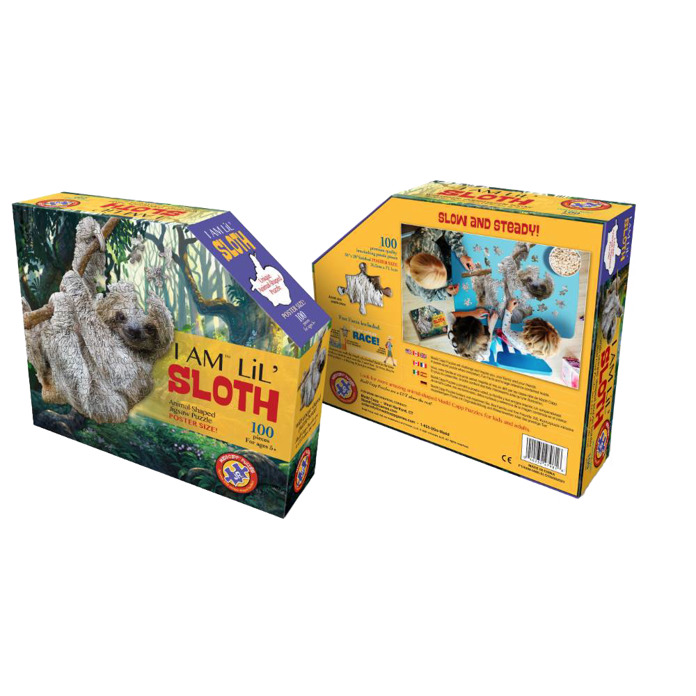 Boxed 100-piece oversized animal puzzle featuring a sloth in a forest setting for children's toys and games collection.