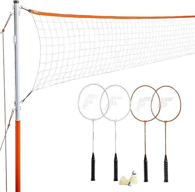 Outdoor badminton net set with steel poles, four rackets, and shuttlecocks for family games in toys and outdoor collections