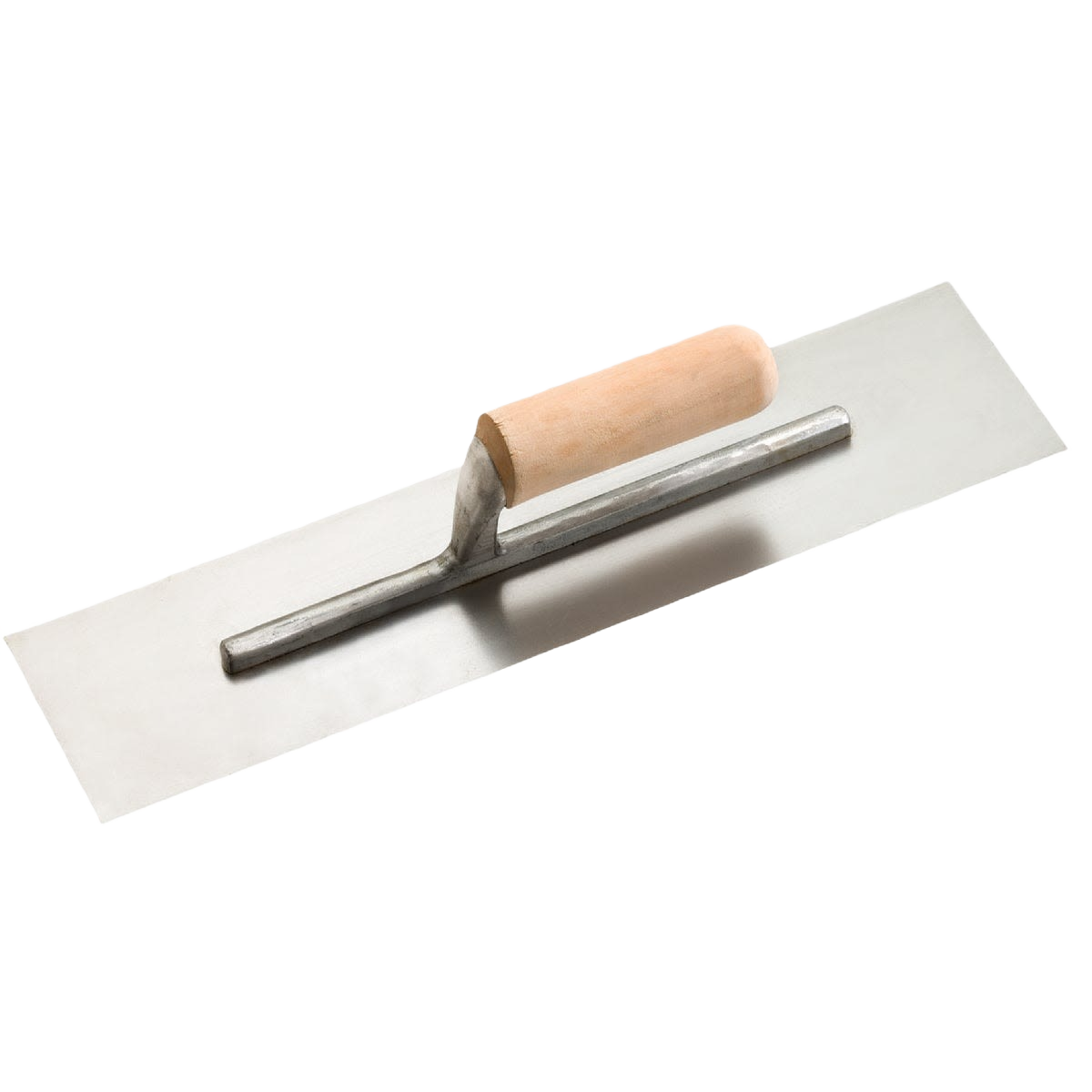 Rectangular wood finishing trowel with smooth metal blade and wooden handle for home improvement and woodworking tasks