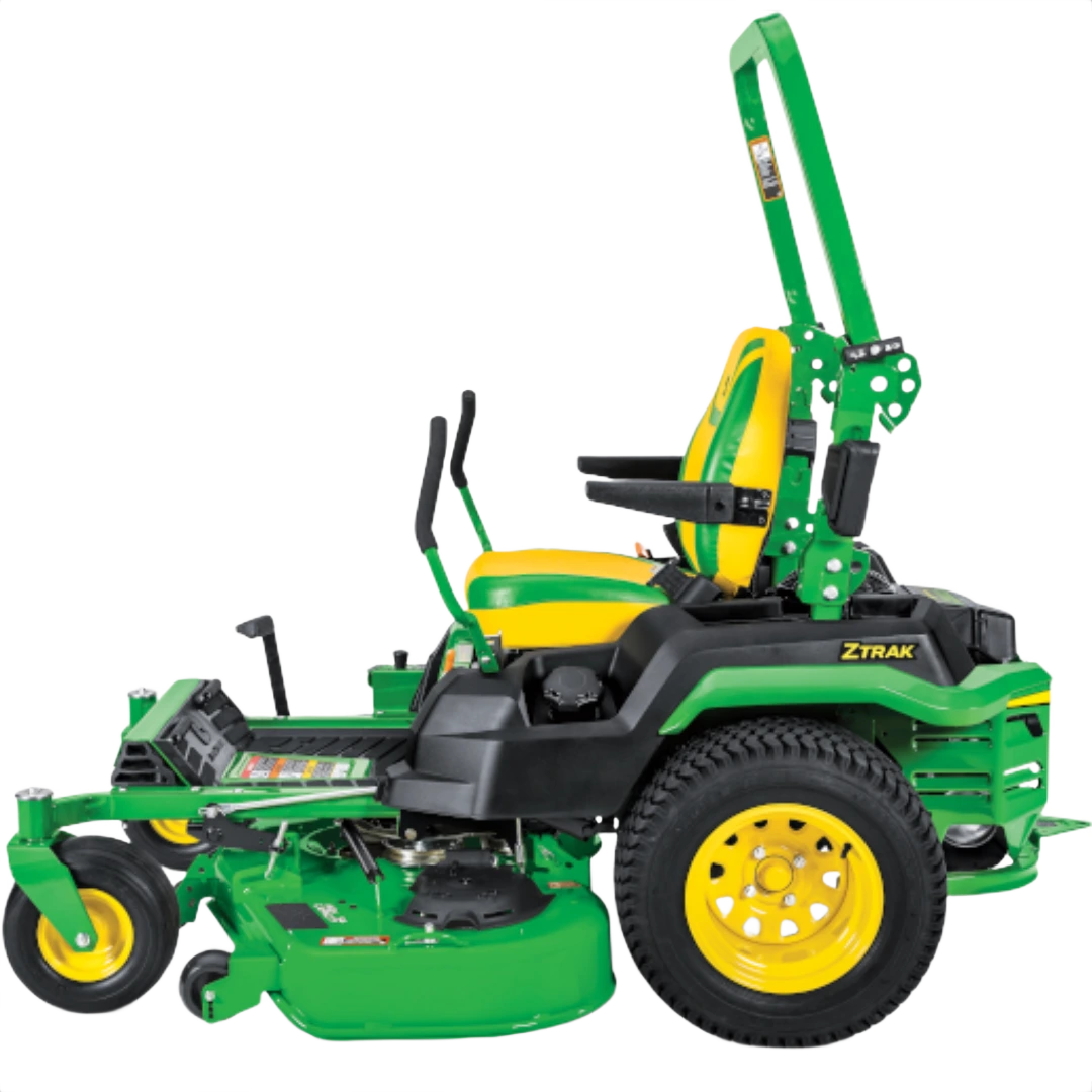 Green and yellow zero-turn mower with 54-inch cutting deck and high-back seat for enhanced lawn care efficiency