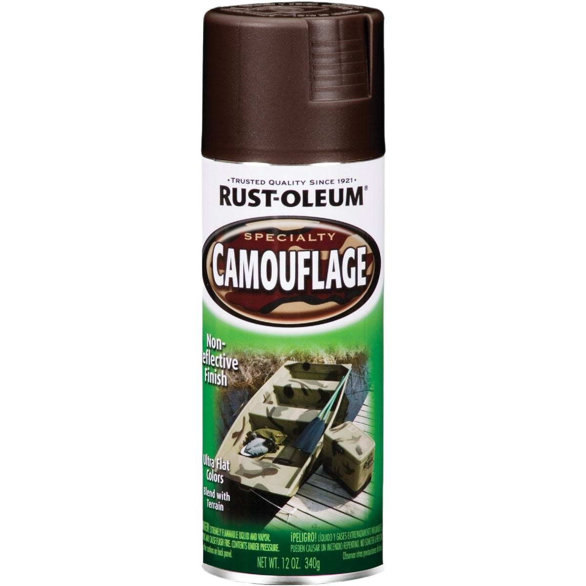 12 oz. can of Rust-Oleum Earth Brown camouflage spray paint with flat, non-reflective finish for home improvement