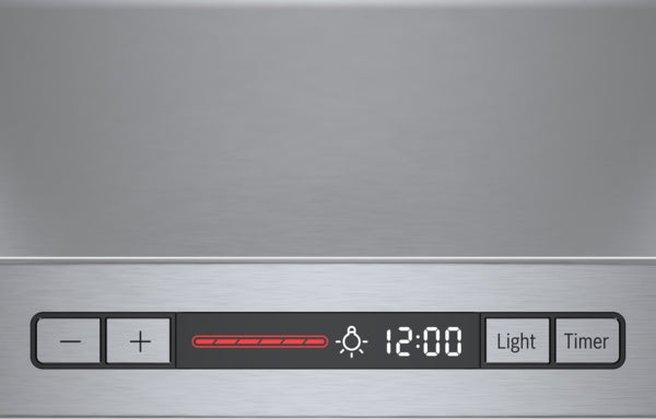 Close-up of a stainless steel range hood control panel with LED display, light, timer, and fan speed settings in kitchen appliances