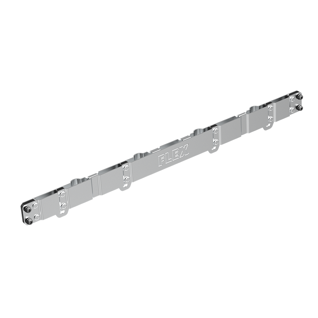 Steel tool rack rail with multiple mounting slots for organized tool storage in workshop or jobsite settings