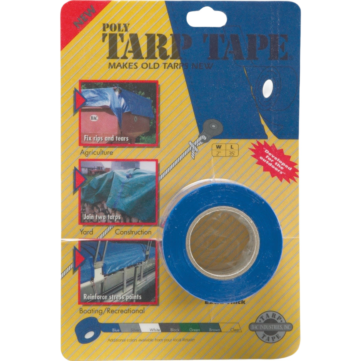 Blue poly tarp repair tape roll in packaging designed to fix tears, join tarps, and reinforce stress points.