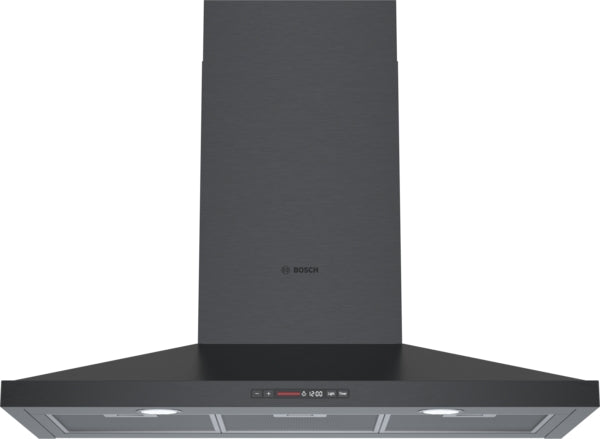 Black stainless steel wall-mounted range hood with digital controls and halogen lighting in modern kitchen setting