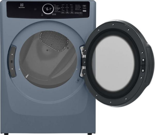 Front-load Electrolux electric dryer in blue with open door showing drum and digital control panel, featured in Dryers and Appliances at Hartville Hardware.