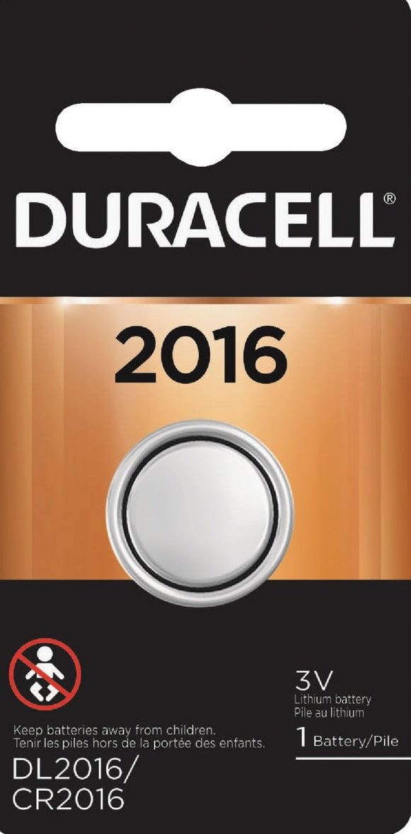 Duracell 2016 lithium coin cell battery on black and copper packaging in household batteries category