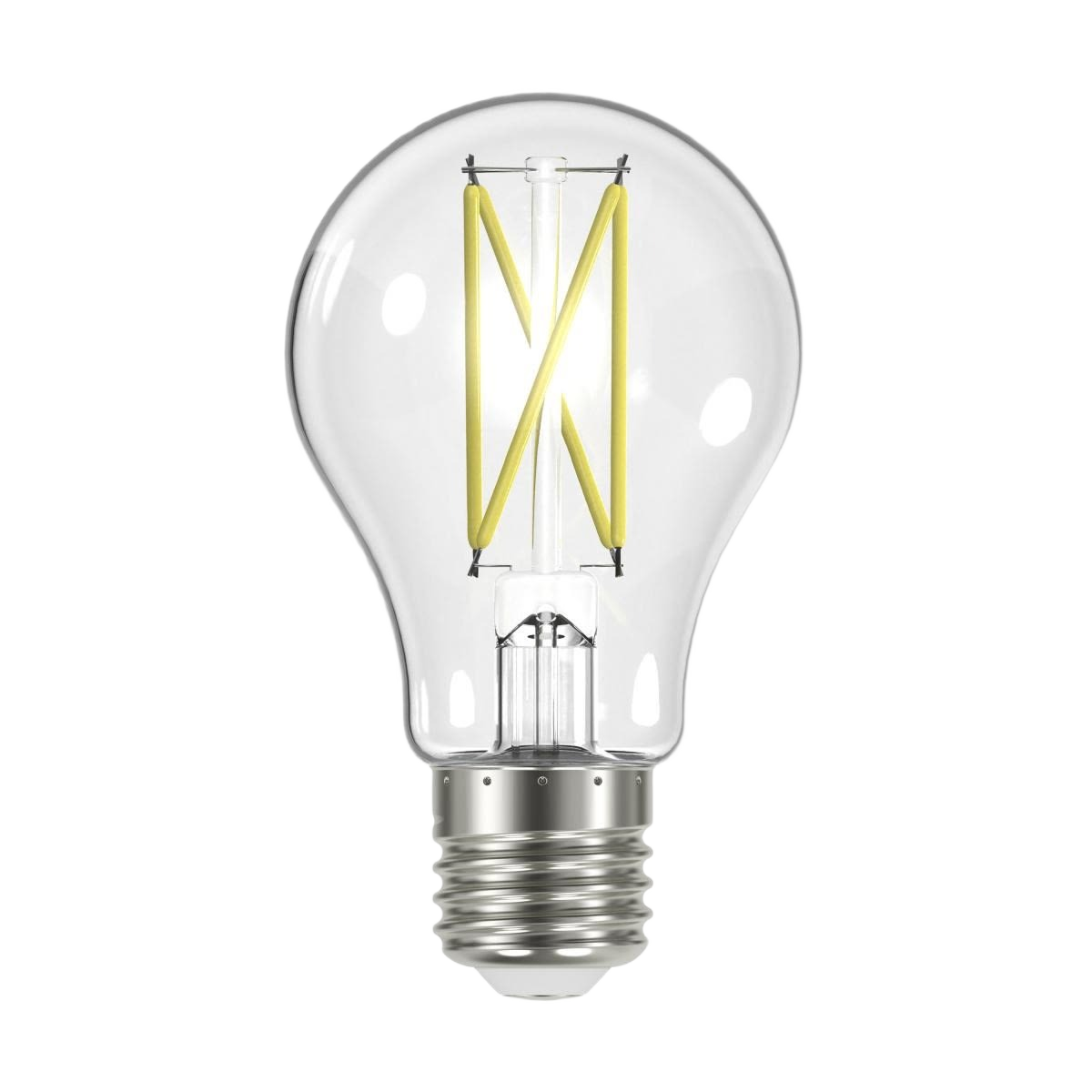 Clear LED light bulb with visible yellow filament and medium screw base for lighting and home improvement use