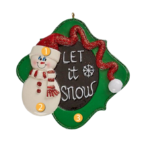 Festive Christmas ornament featuring a smiling snowman with scarf and hat next to a green Let It Snow plaque