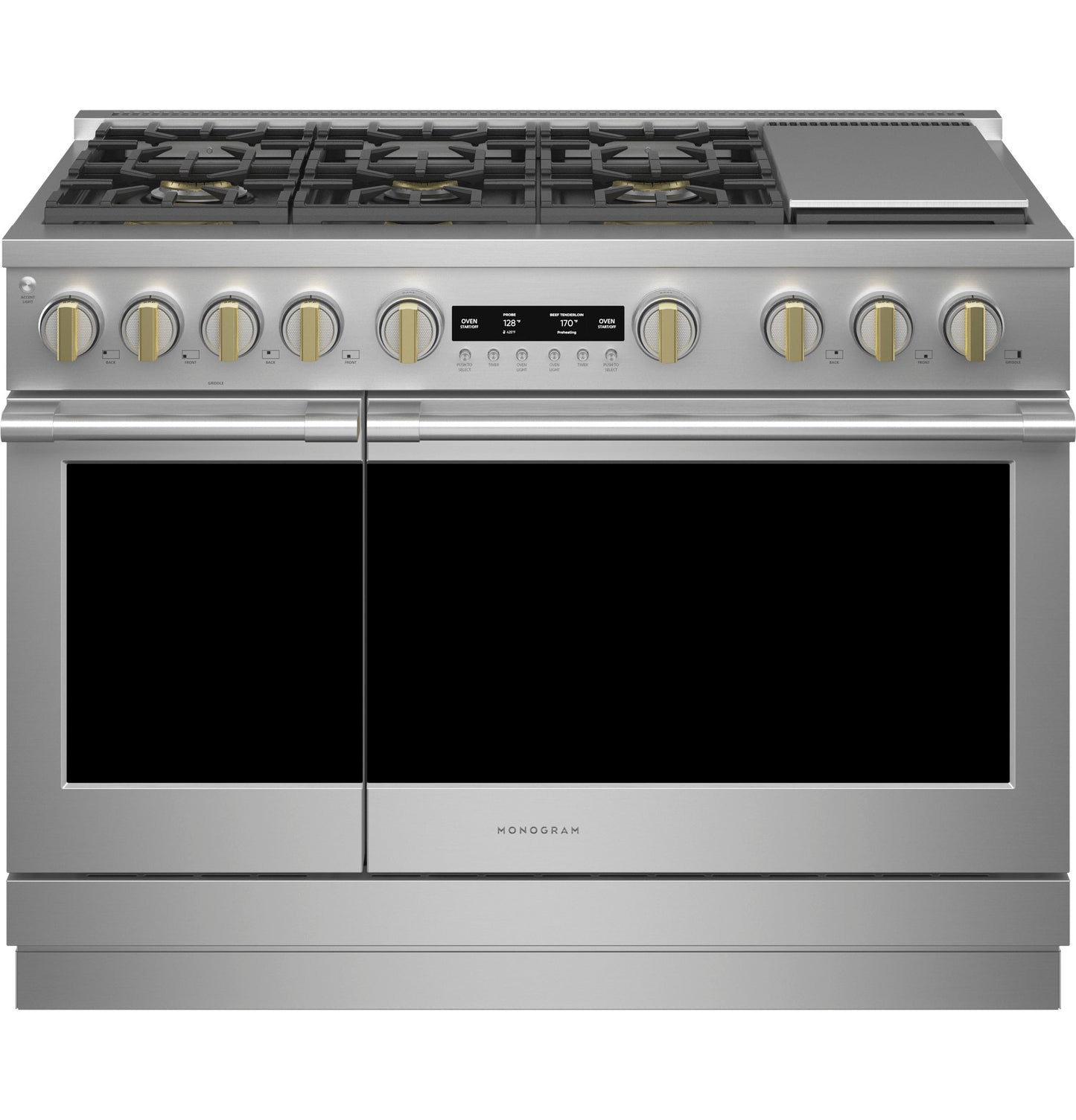 stainless steel professional range with six gas burners, griddle, digital display, and gold-toned control knobs in kitchenware collection