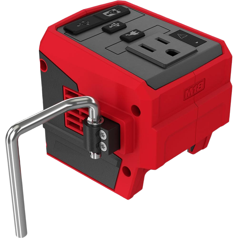 Compact red and gray power supply accessory for Milwaukee M18 batteries with USB and AC outlets in tool collections
