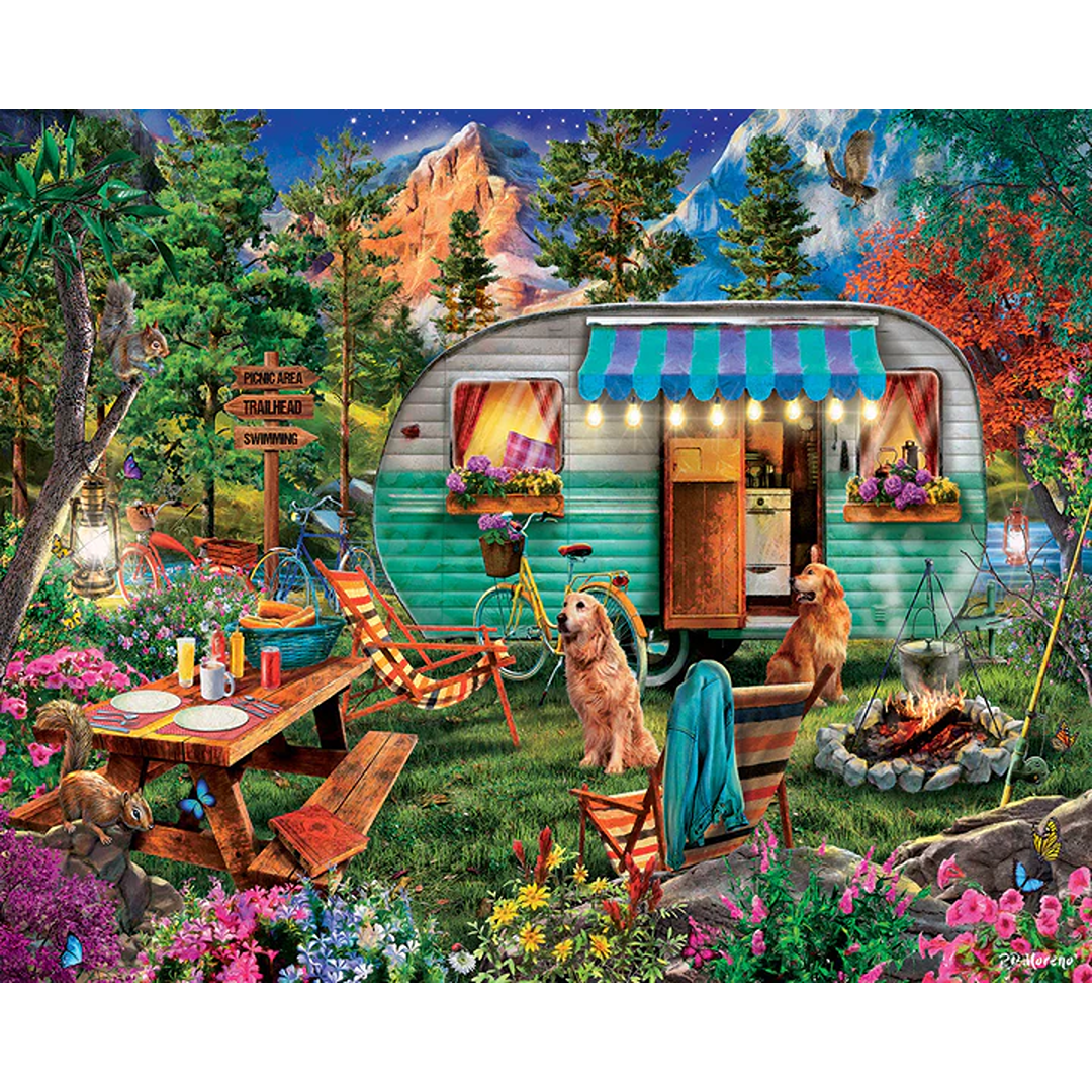 Colorful outdoor camping scene with vintage camper, picnic setup, dogs, and mountain backdrop in puzzles collection under $50