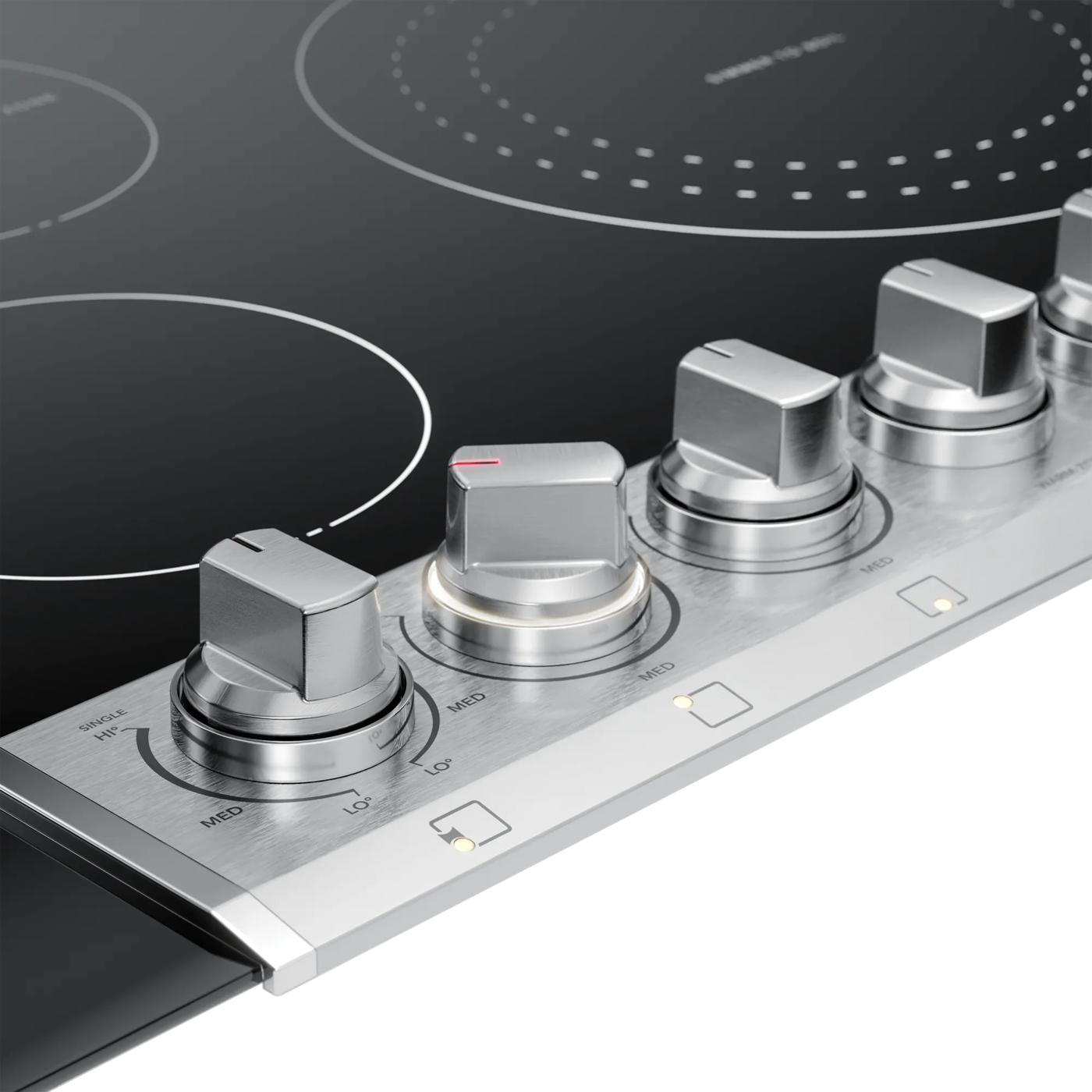 Stainless steel control panel with five knobs on black radiant electric cooktop from kitchen and cooktops collection