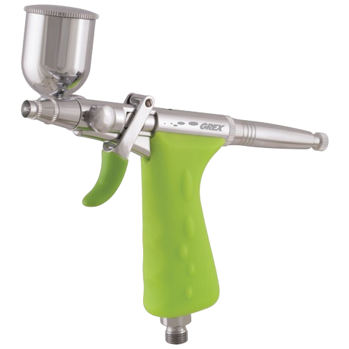 Dual action airbrush with side gravity feed and ergonomic green grip for precise paint spraying in paint supplies collection