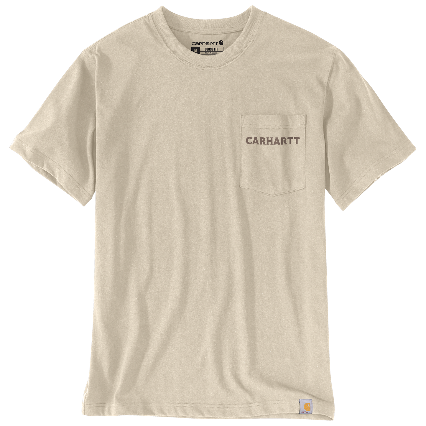 Carhartt men's relaxed fit beige cotton-polyester blend t-shirt with rib-knit crewneck and chest pocket featuring Carhartt logo, part of men's Shirts collection.