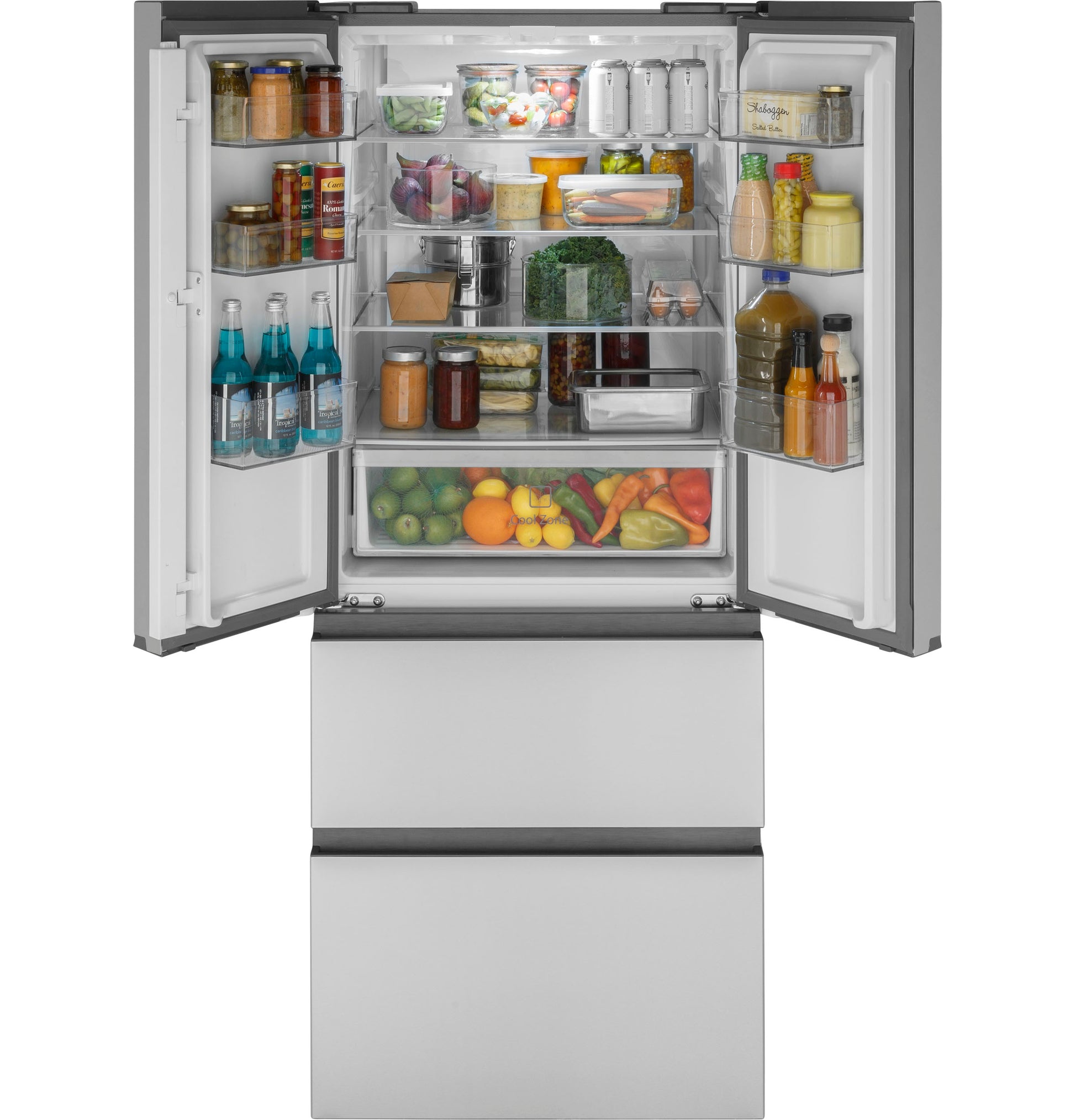Open stainless steel 4 door refrigerator filled with fresh produce, beverages, and condiments from kitchen appliances collection
