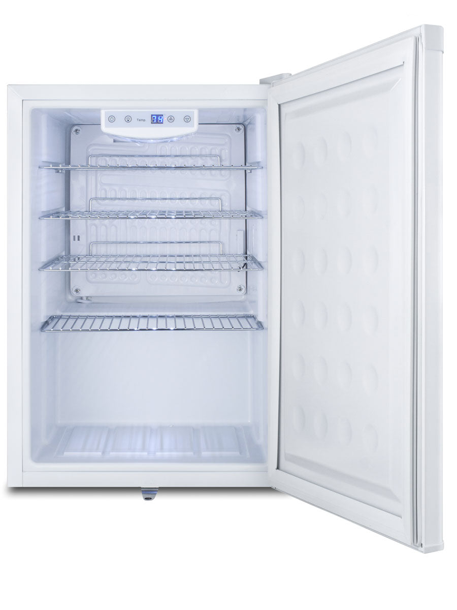 Open white compact built-in refrigerator with adjustable wire shelves and digital controls in kitchen appliance collection