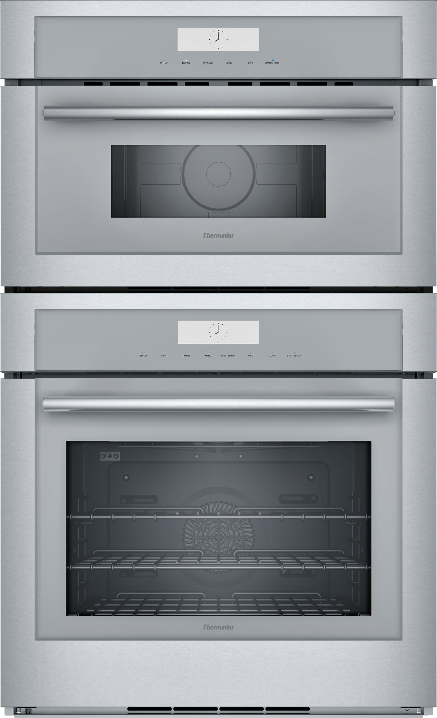 Stainless steel double combination wall oven with digital controls and clear glass doors in Thermador kitchen appliances