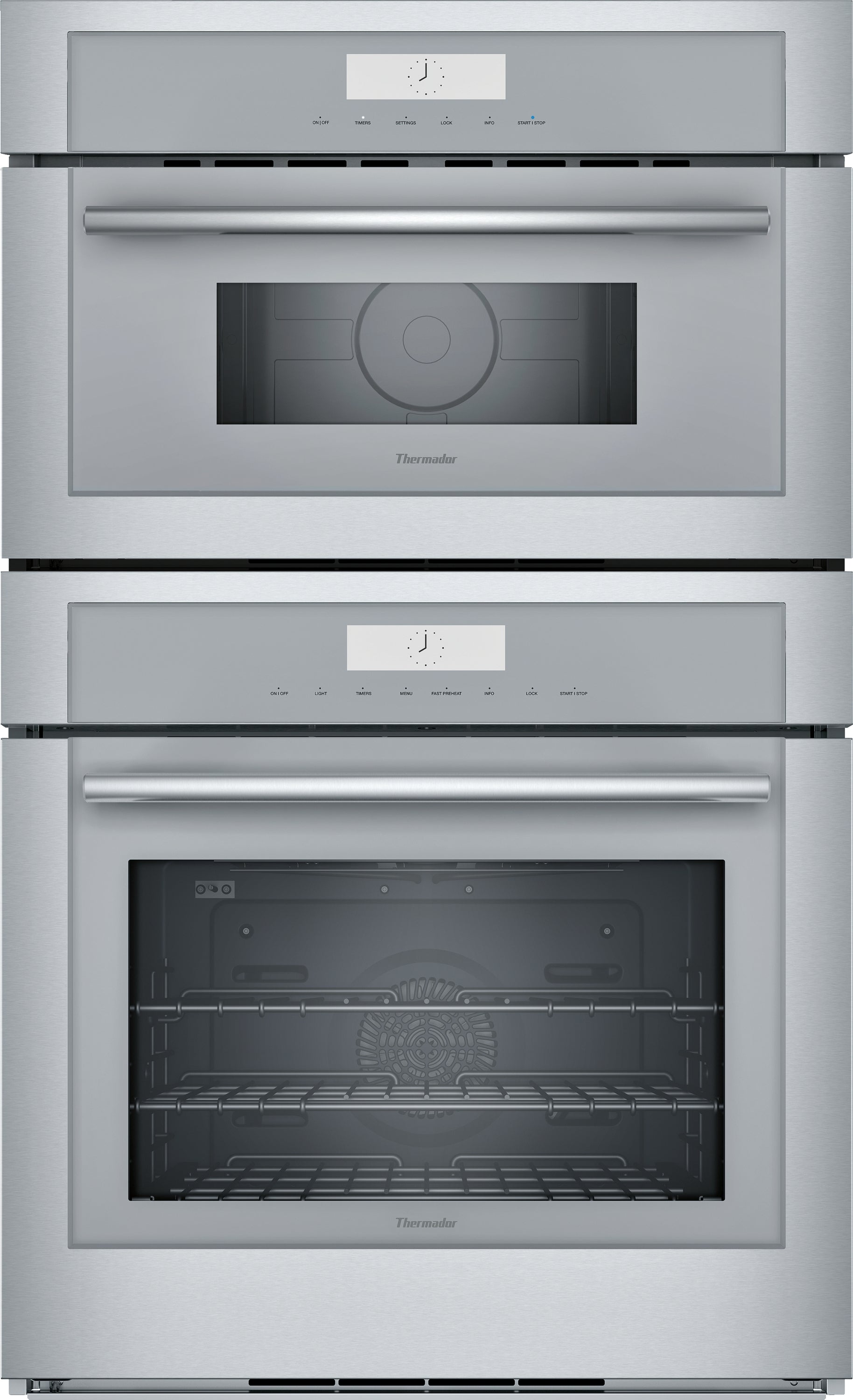 Stainless steel double combination wall oven with digital controls and clear glass doors in Thermador kitchen appliances