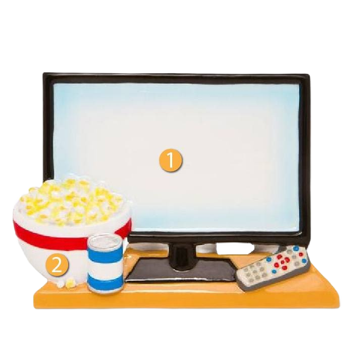 Ornament featuring a large TV screen with popcorn bowl, soda can, and remote from Christmas Ornaments collection