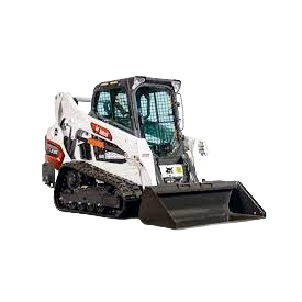 Compact white and black skid-steer loader with rubber tracks and front bucket, part of earthmoving and landscaping rental equipment at Hartville Hardware.