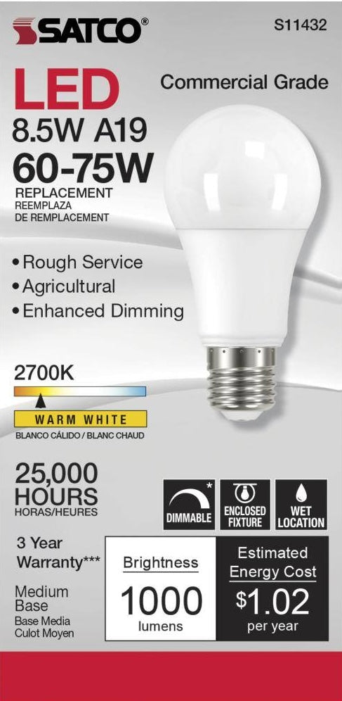 LED A19 commercial grade bulb with medium base, warm white 2700K, 1000 lumens, dimmable for enclosed and wet locations