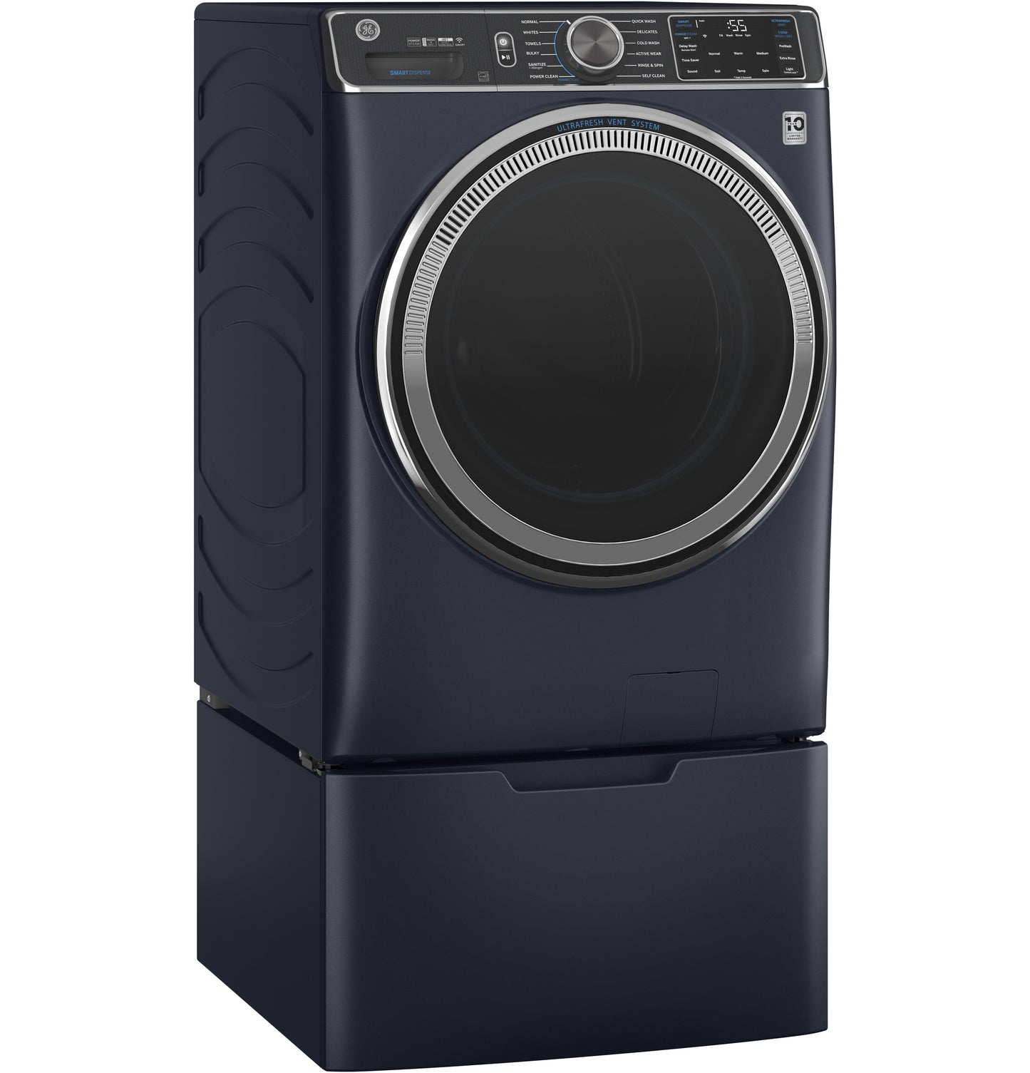 Front view of dark navy laundry pedestal with integrated storage drawer for washing machine or dryer accessory parts.