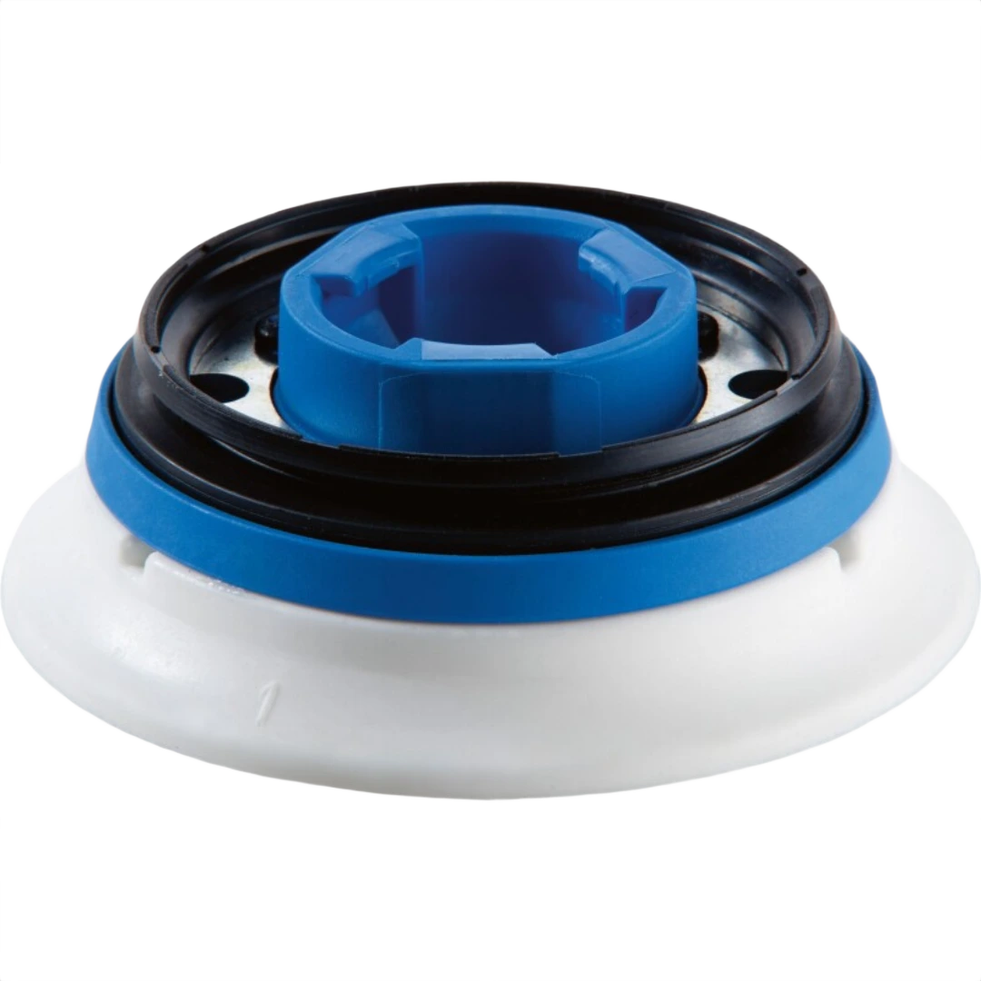 Round Festool sanding pad with hard surface and blue locking mechanism for woodworking and power tool accessories