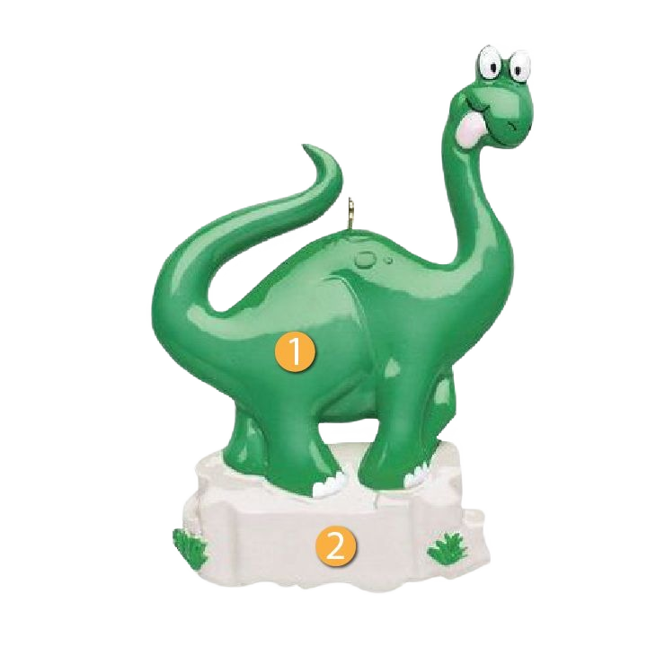 Green long-neck dinosaur ornament with smiling face standing on white base for Christmas Ornaments & Tree Decorations under $50 collection