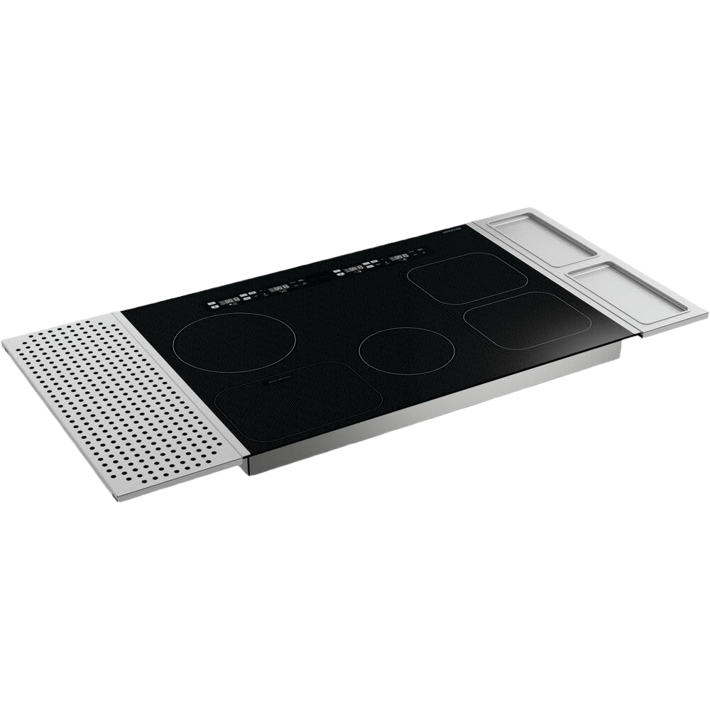 Black induction cooktop with four heating zones and stainless steel side trays in kitchen appliances collection