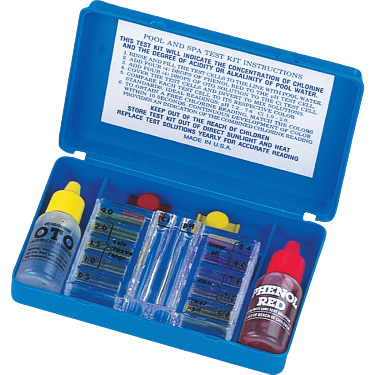 Blue plastic test kit case with liquid reagent bottles and test tubes for measuring pool and spa water quality