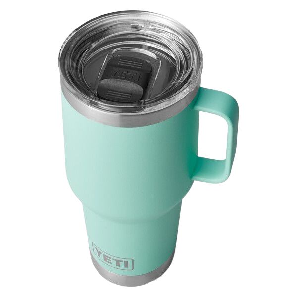Mint green 30 oz. insulated travel mug with convenient handle and clear Stronghold lid, durable drinkware for kitchen and outdoor use