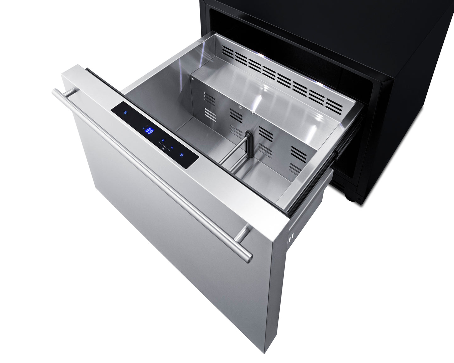 Stainless steel built-in drawer refrigerator open to show empty interior with digital controls in kitchen appliances collection