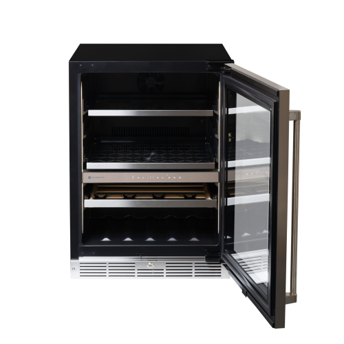 Built-in 24-inch under counter wine and beverage center with glass door and adjustable shelving in kitchen appliances collection