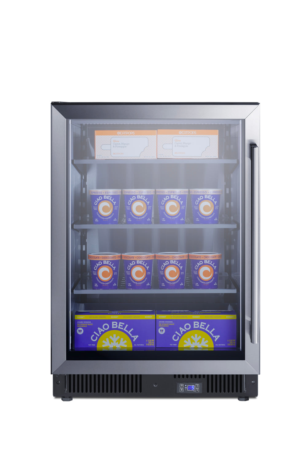 Commercial display freezer with glass door showing rows of frozen dessert cartons in kitchen appliances collection