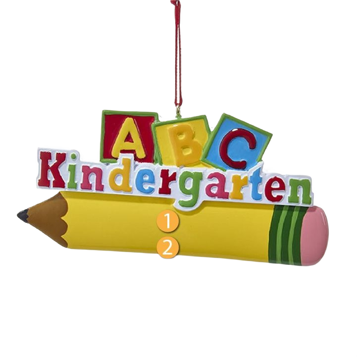 Christmas ornament shaped like a pencil with colorful ABC blocks and kindergarten lettering for holiday tree decor