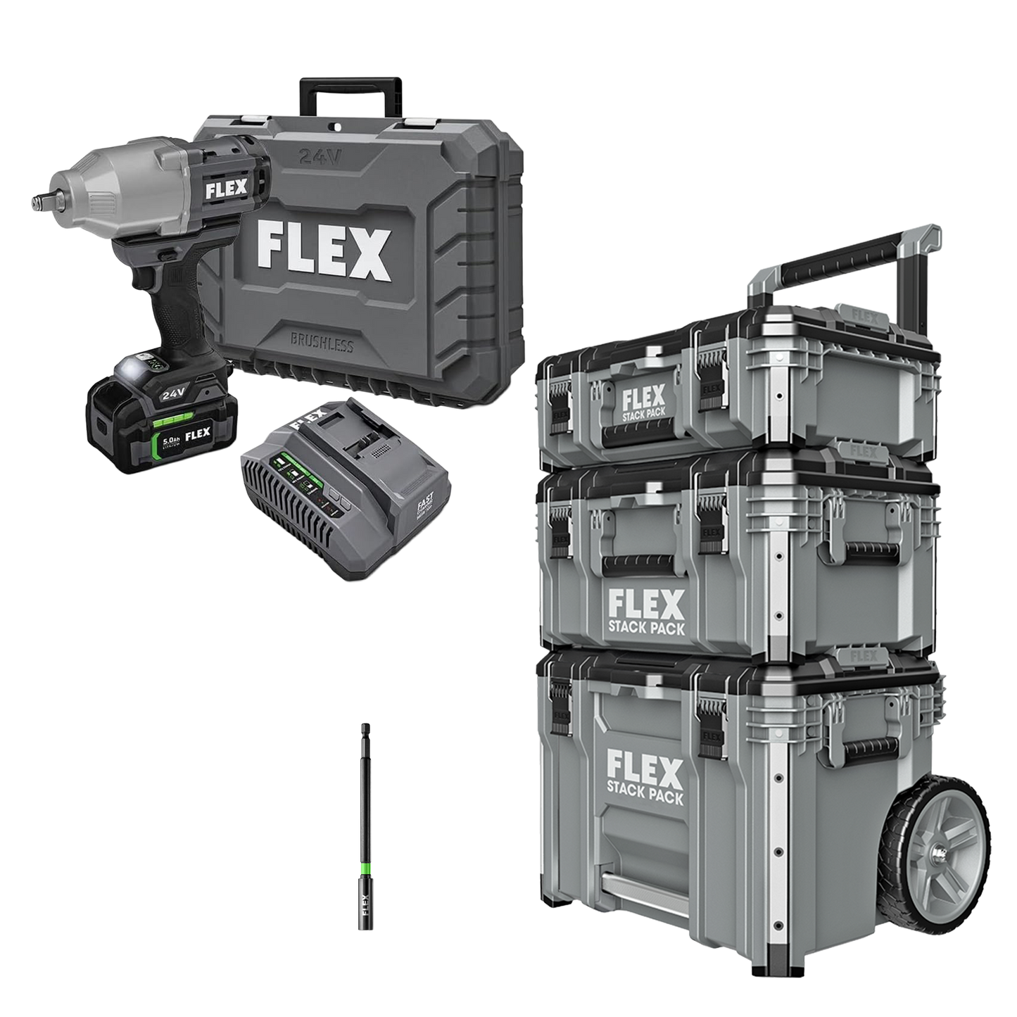 FLEX 1/2" High Torque Impact Wrench Kit + 6" Magnetic Extension Holder & Stack Pack™ 3-Pc. Storage System