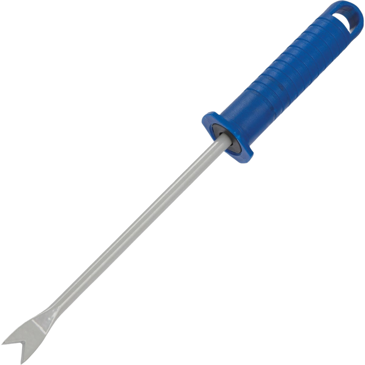 Blue-handled garden weeder with pointed metal tip for removing weeds in home improvement and gardening tasks