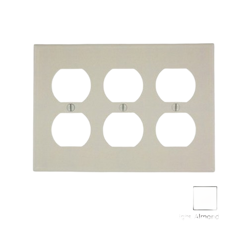 Light almond color 3 gang wallplate designed for standard duplex electrical outlets in home improvement projects