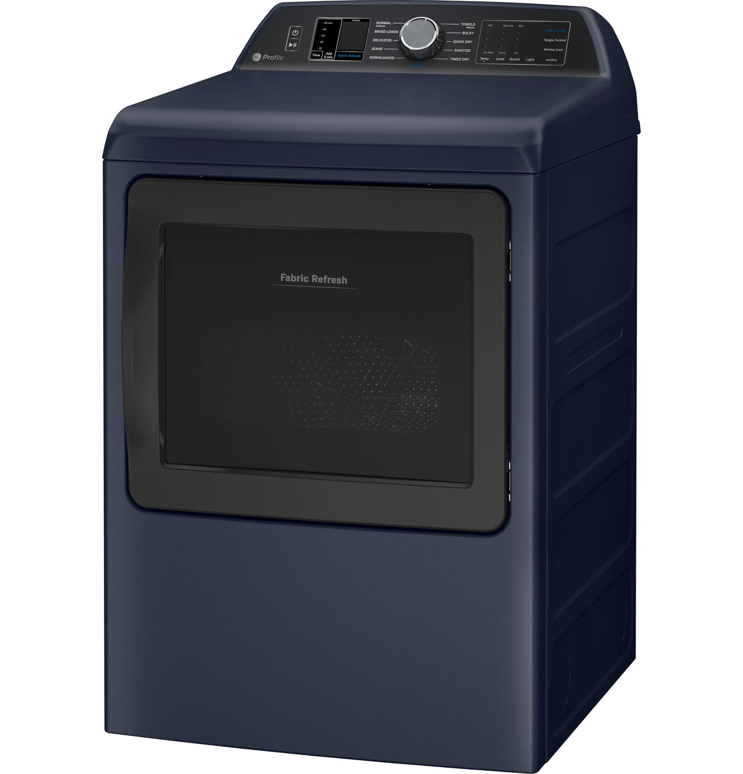 Navy blue smart gas dryer with digital display and fabric refresh in dryers and appliances collection